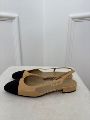 Chanel Beige and Black Slingback Flats, 38.5 C