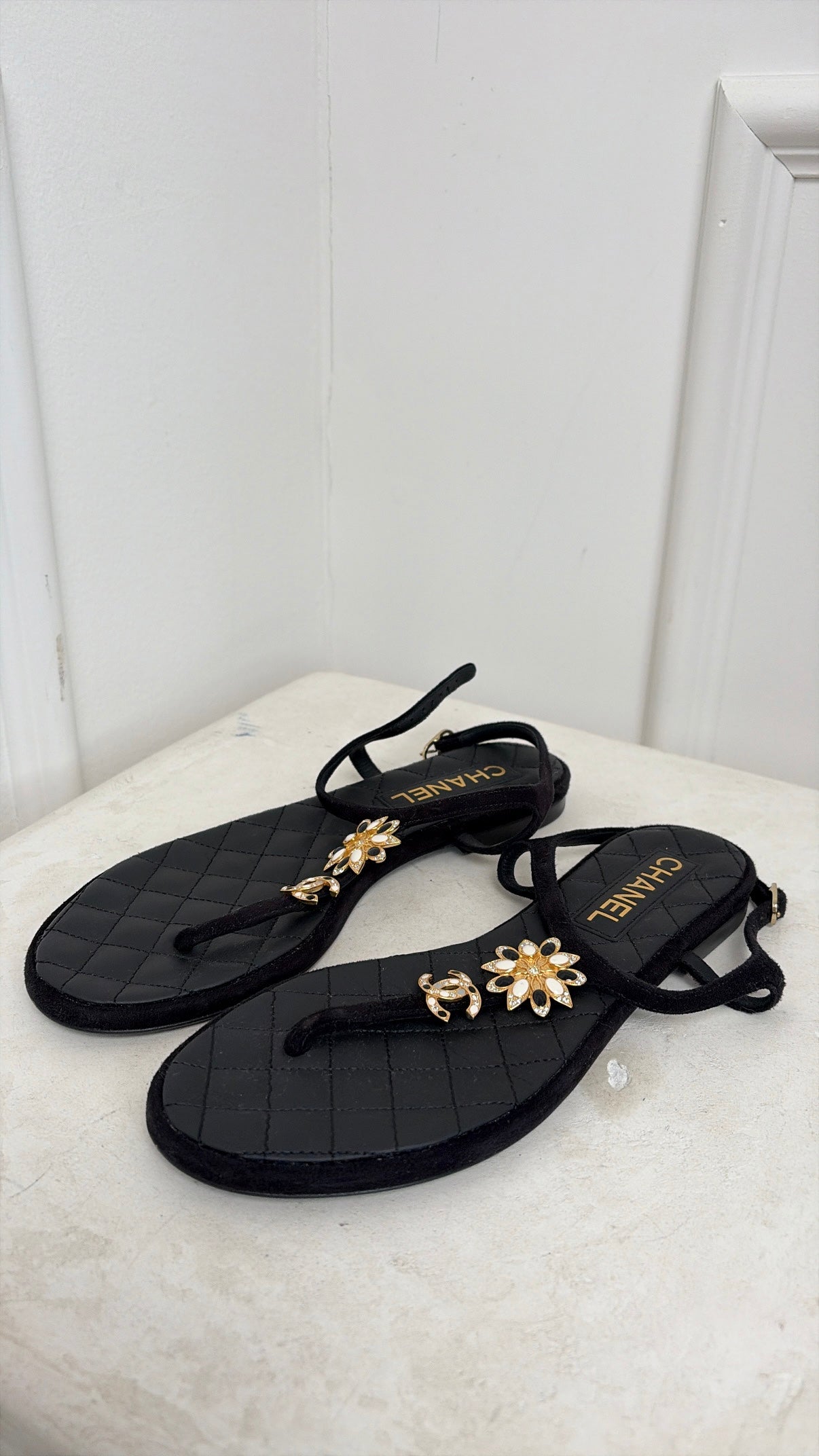 Chanel Black Suede Floral CC T Bar Sandals, 38.5