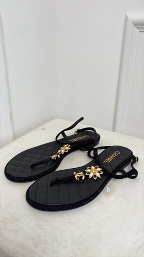Chanel Black Suede Floral CC T Bar Sandals, 38.5