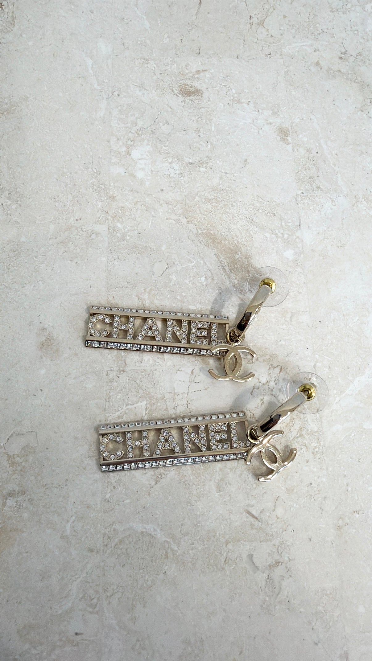 Chanel Champagne and Crystal Logo Drop Earrings