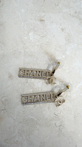 Chanel Champagne and Crystal Logo Drop Earrings