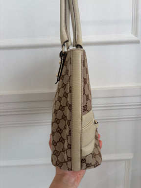 Gucci Canvas Monogram and Cream Leather Horsebit Hasler Tote