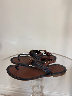 Chanel Burgundy and Navy Braided Leather T Bar Ankle Sandals, 38