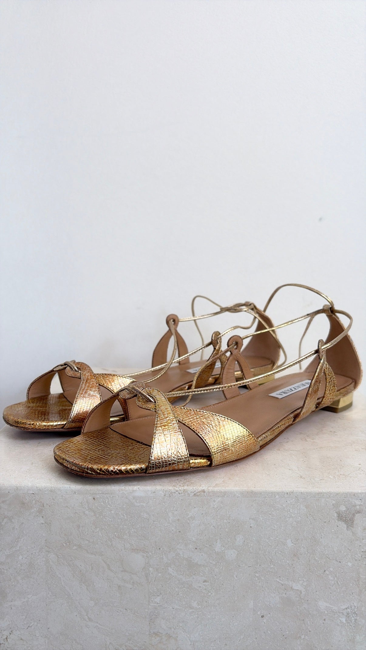Aquazzura Gold and Bronze Metallic Ankle Tie Flats, 42