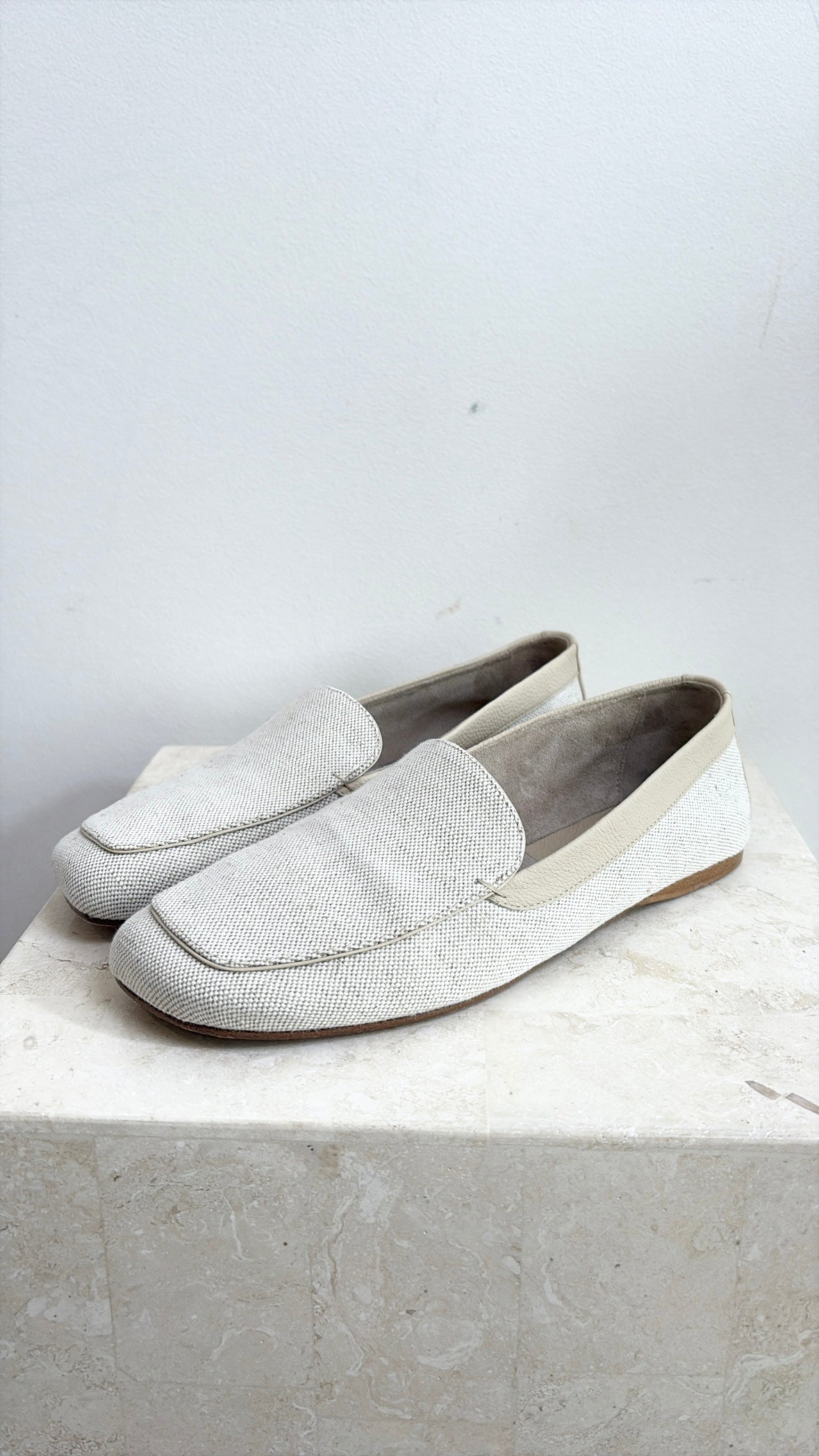 Khaite Cream Canvas Square Tie Loafers, 39