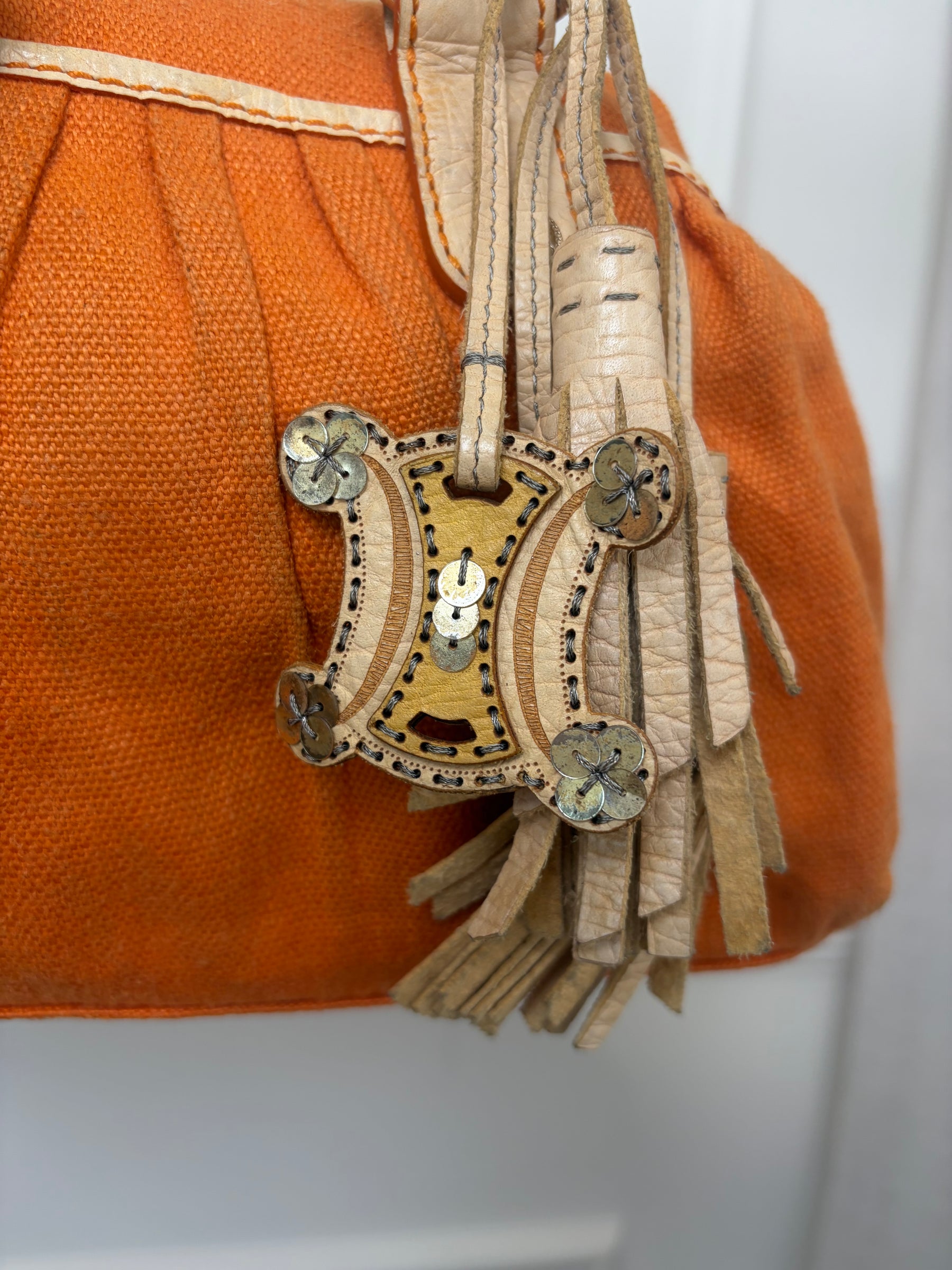 Celine Orange Canvas and Cream Leather Shoulder Bag