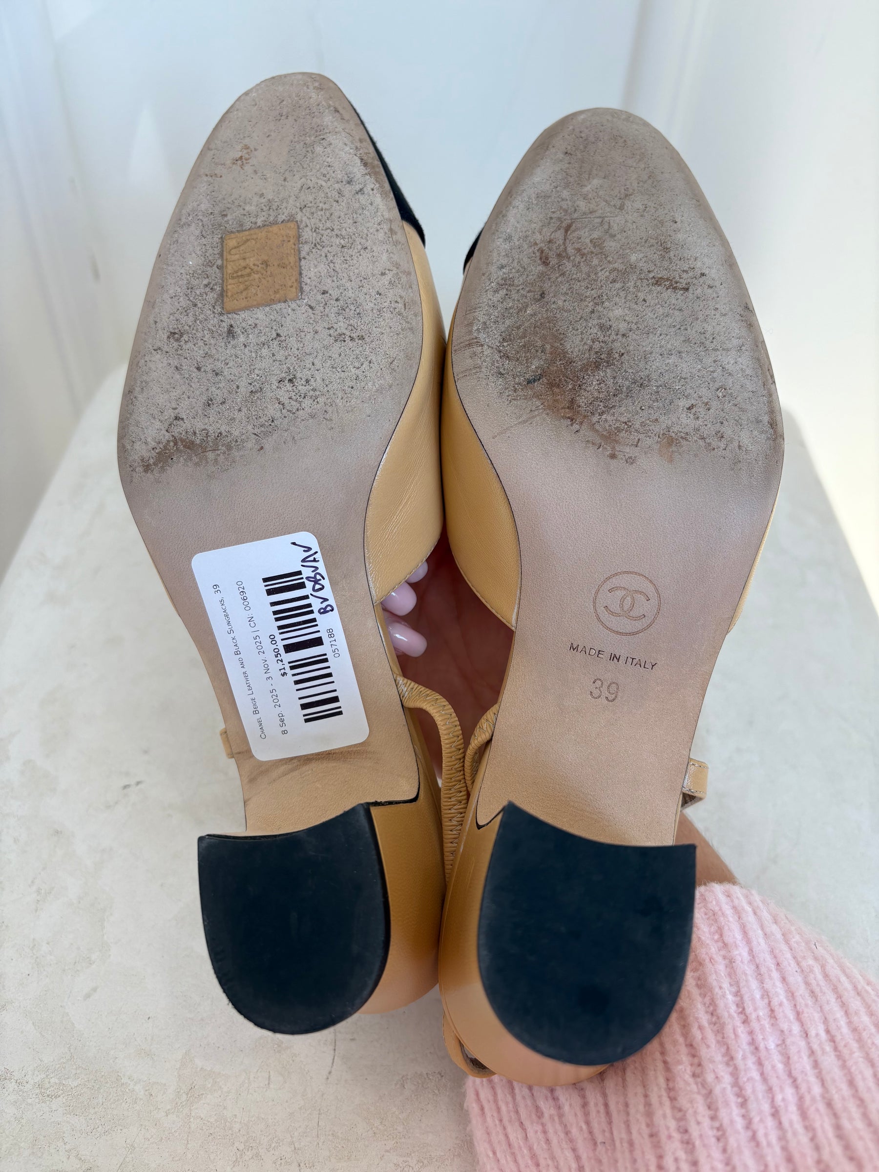 Chanel Beige Leather and Black Slingbacks, 39