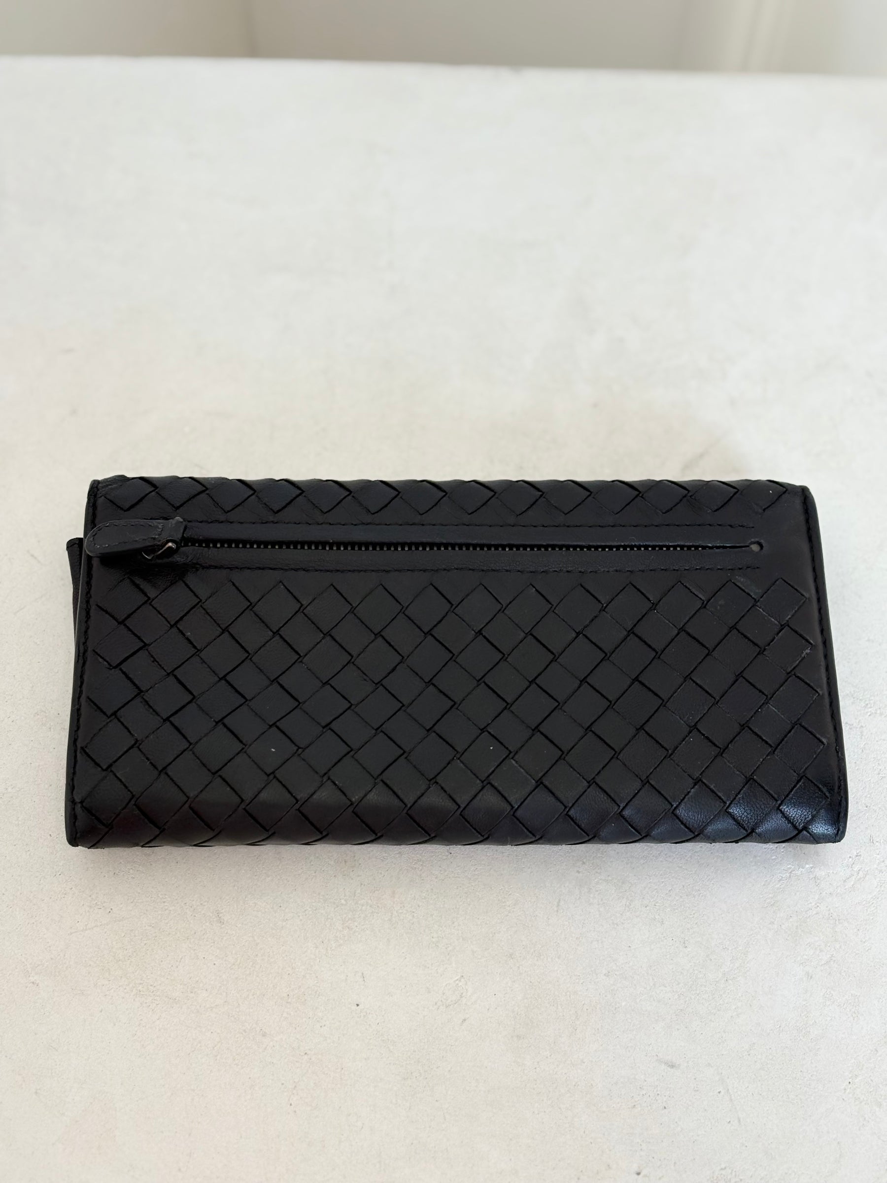 Bottega Veneta Black Intrecciato Leather Flap Wallet