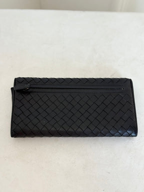 Bottega Veneta Black Intrecciato Leather Flap Wallet