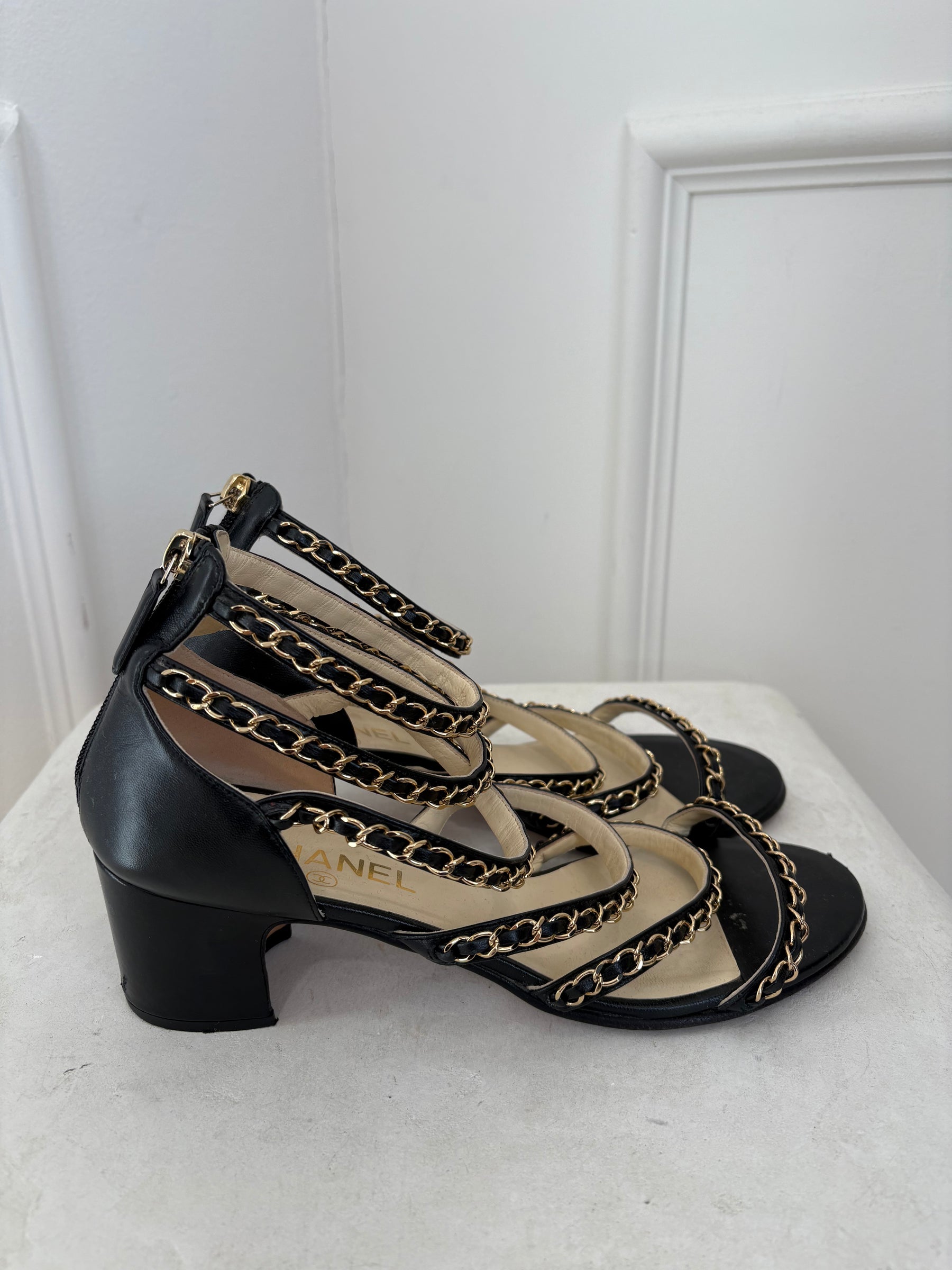 Chanel Block Heel Gold Chain Sandal In Black, 41