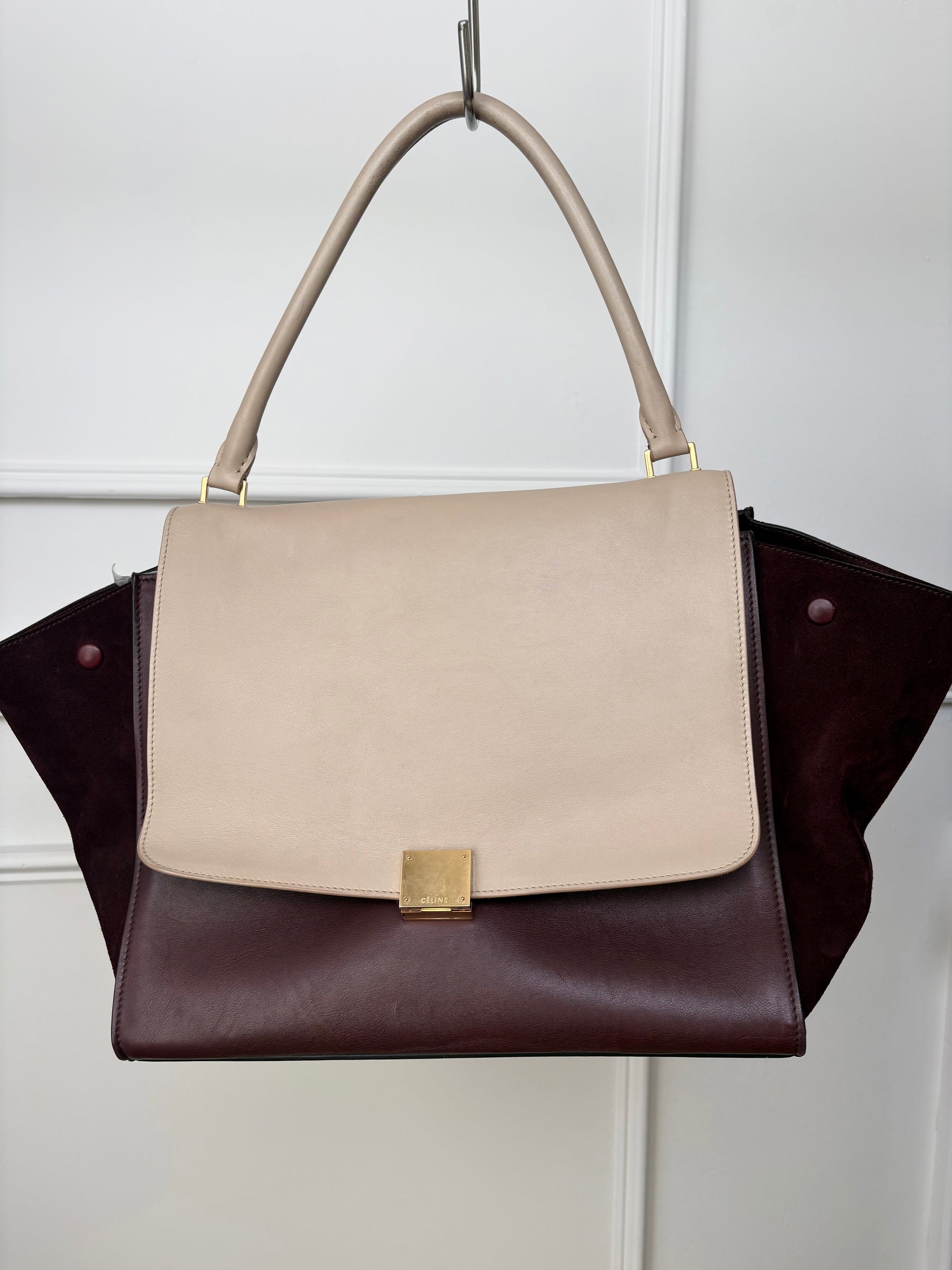 Celine Burgundy and Beige Leather and Suede Trapeze Bag
