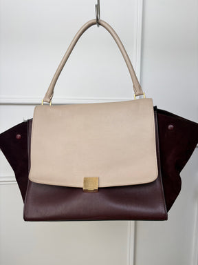 Celine Burgundy and Beige Leather and Suede Trapeze Bag