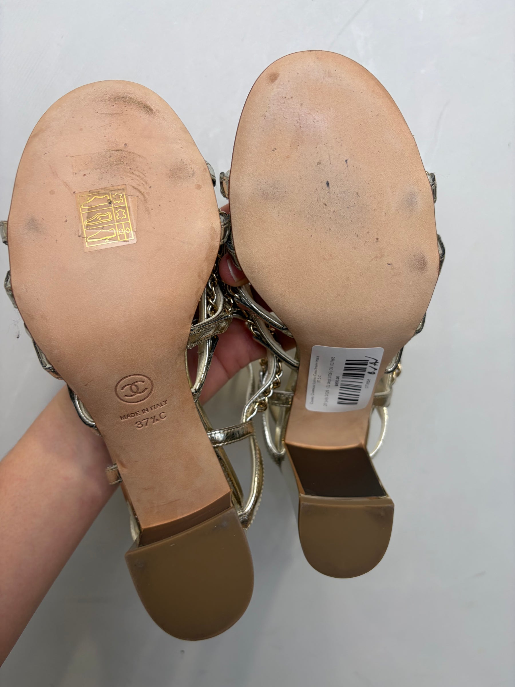 Chanel Champagne Leather Chain Strappy Heels, 37.5 C