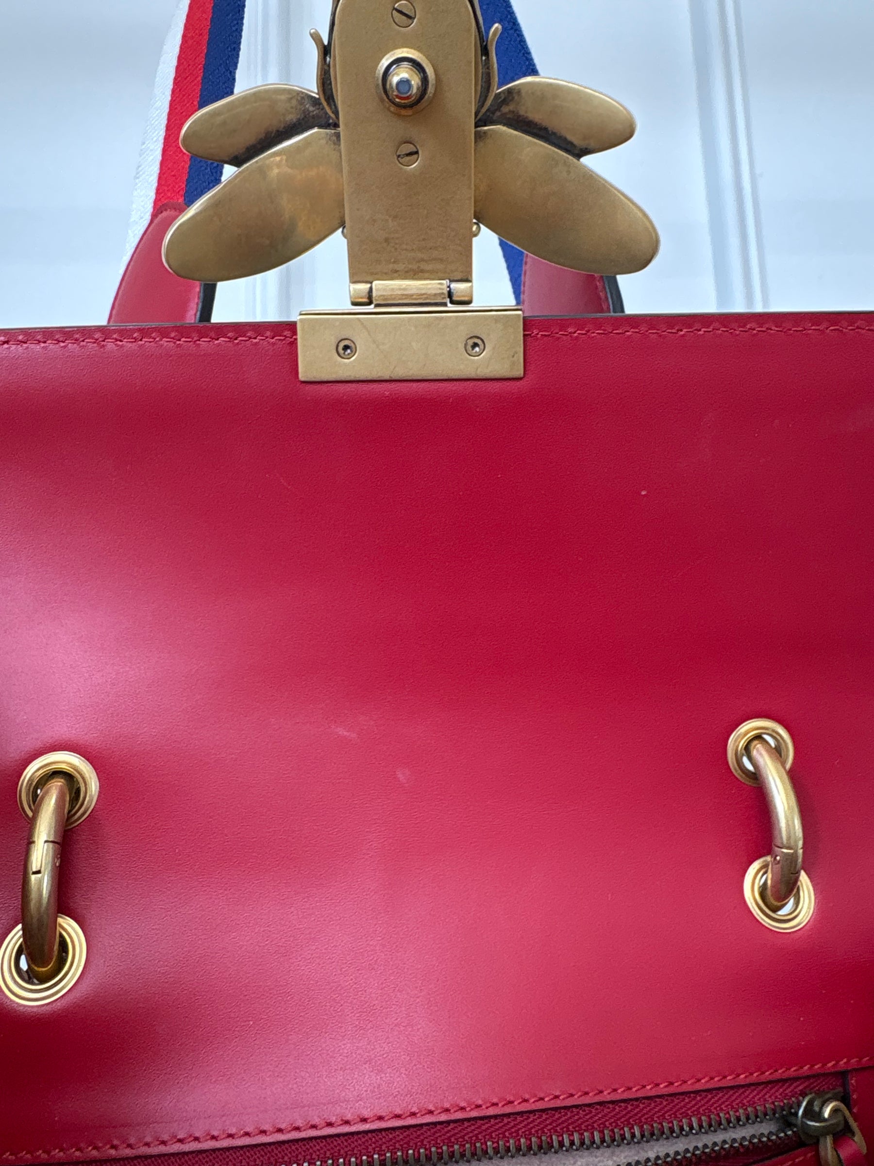 Gucci Red, White and Navy Leather Embellished Bee Shoulder Bag