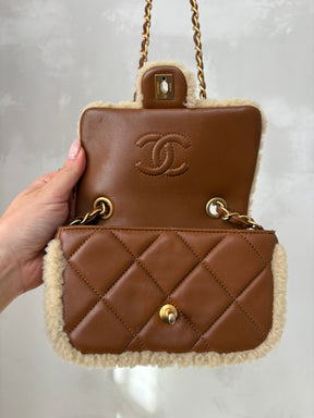 Chanel Mini Shearling Flap Bag Lambskin Dark Brown GHW
