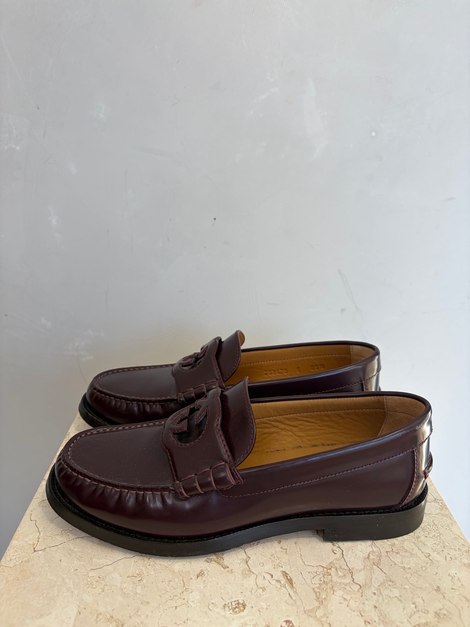 Gucci Cut Out GG Brown Leather Loafers, 5 UK