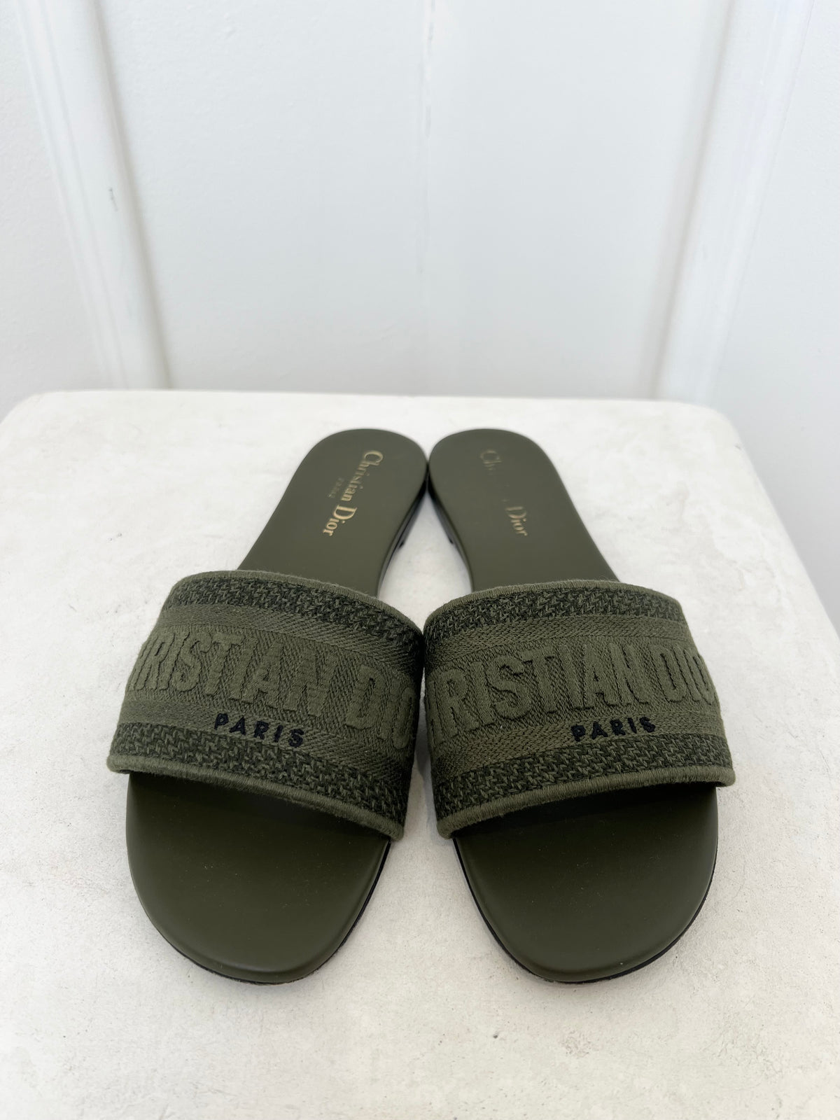 Christian Dior Khaki Embroidered D Way Slides, 39