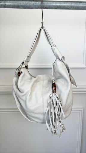 Gucci White Leather Jungle Bamboo Hobo Bag