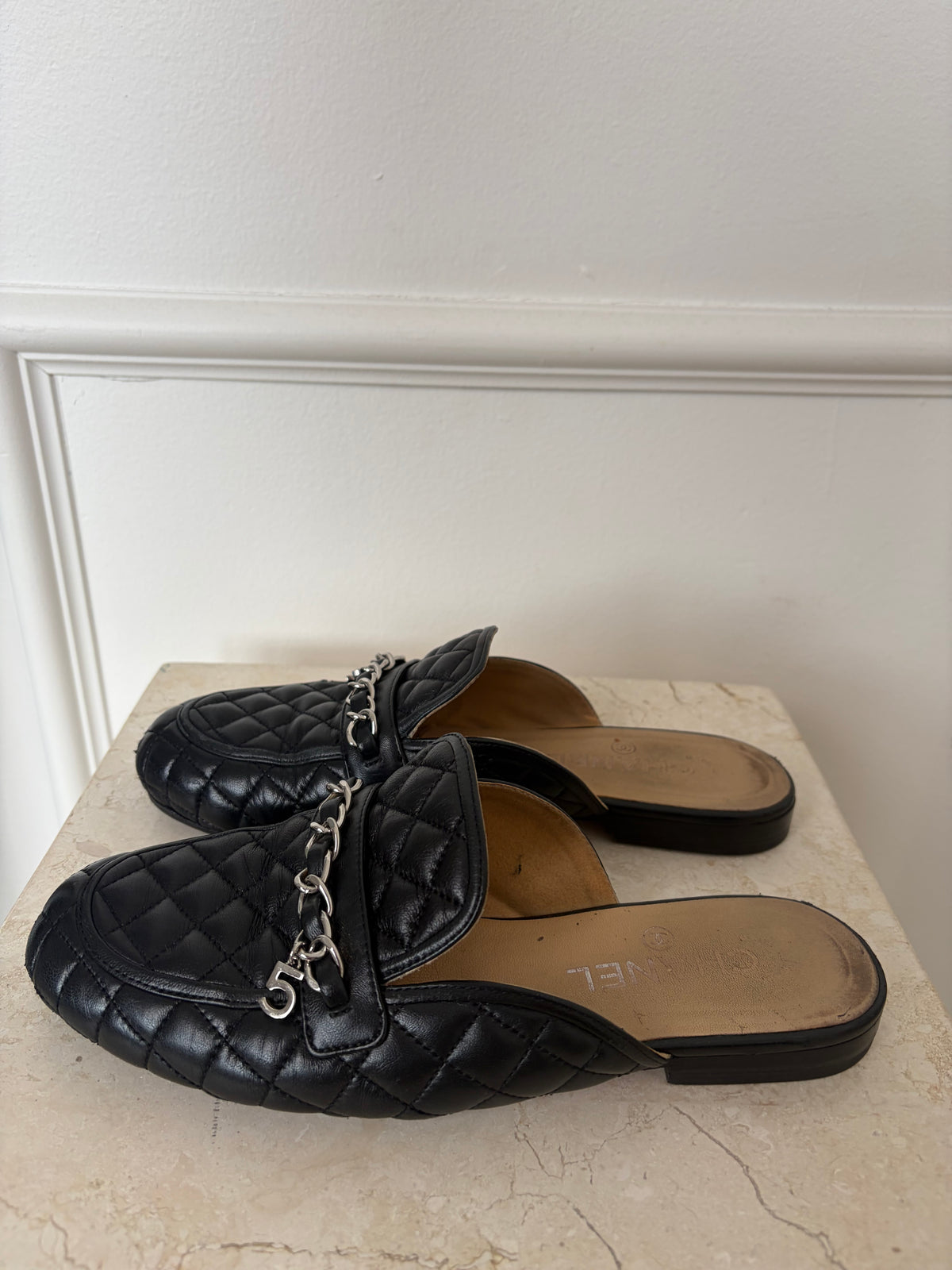 Chanel Black Quilted Leather Logo Mules, 37.5C
