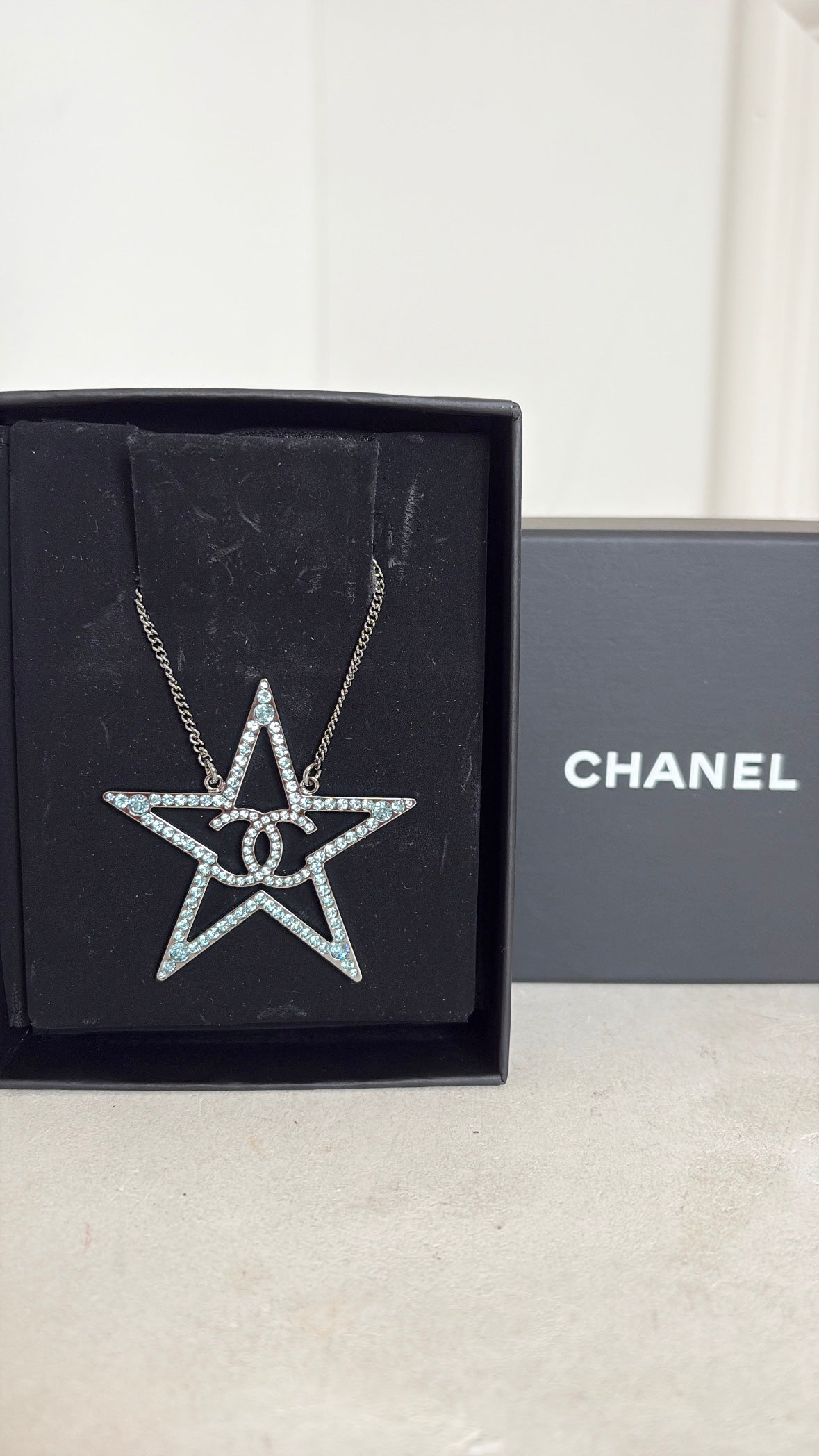 Chanel Blue Crystal Star Logo Pendant Necklace