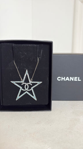 Chanel Blue Crystal Star Logo Pendant Necklace