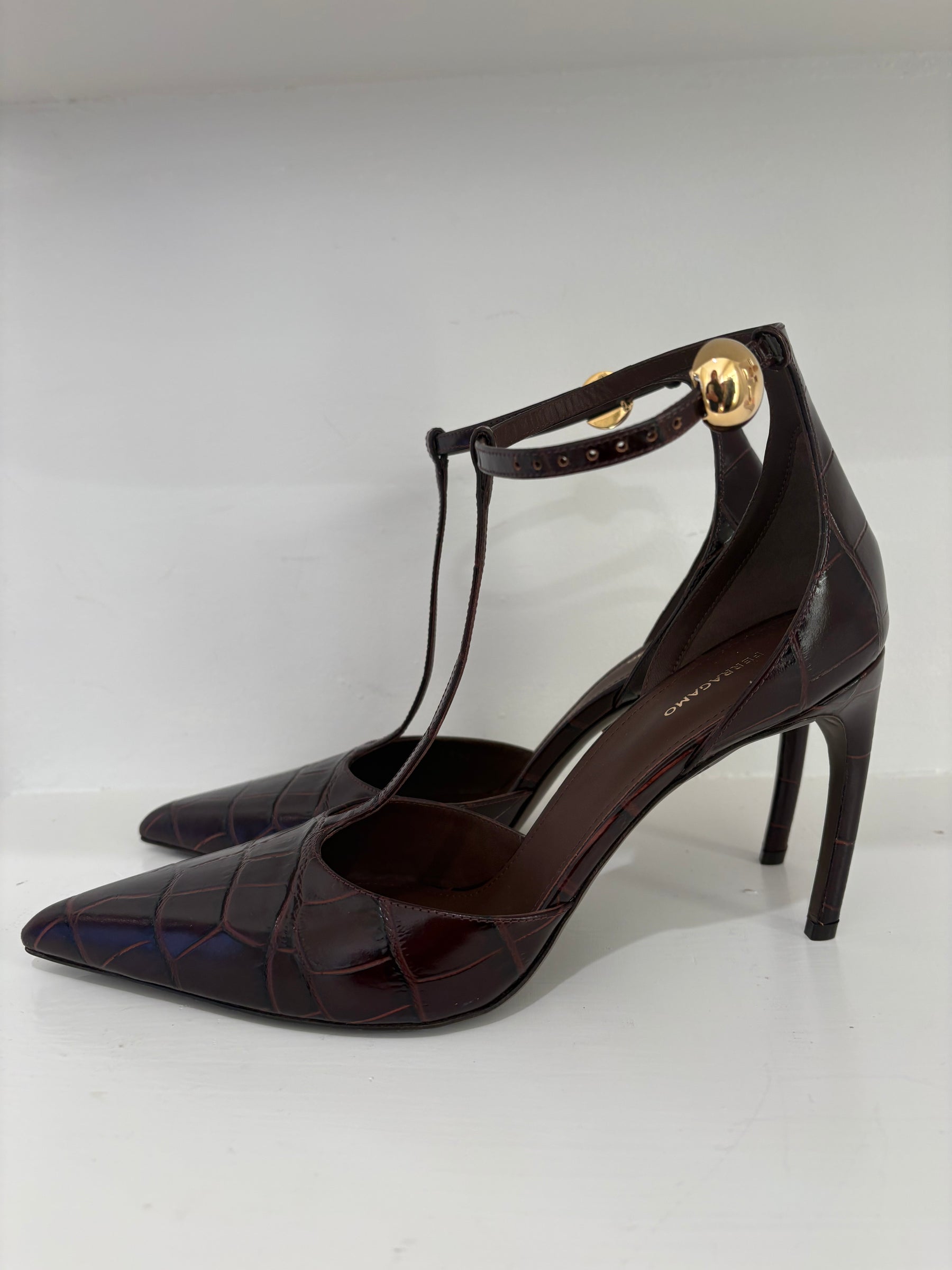 Ferragamo Brown Croc Embossed Pointed T Bar Heeled Sandal, 10.5