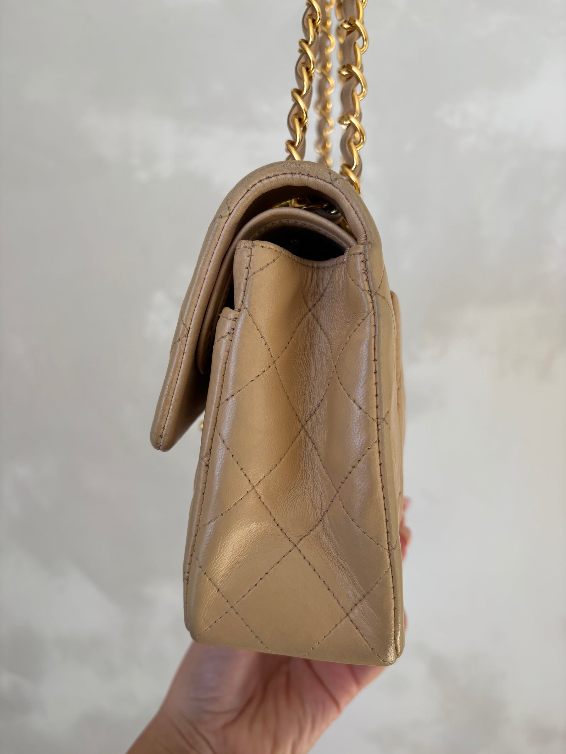 Chanel Small Classic Flap in Beige Lambskin Leather