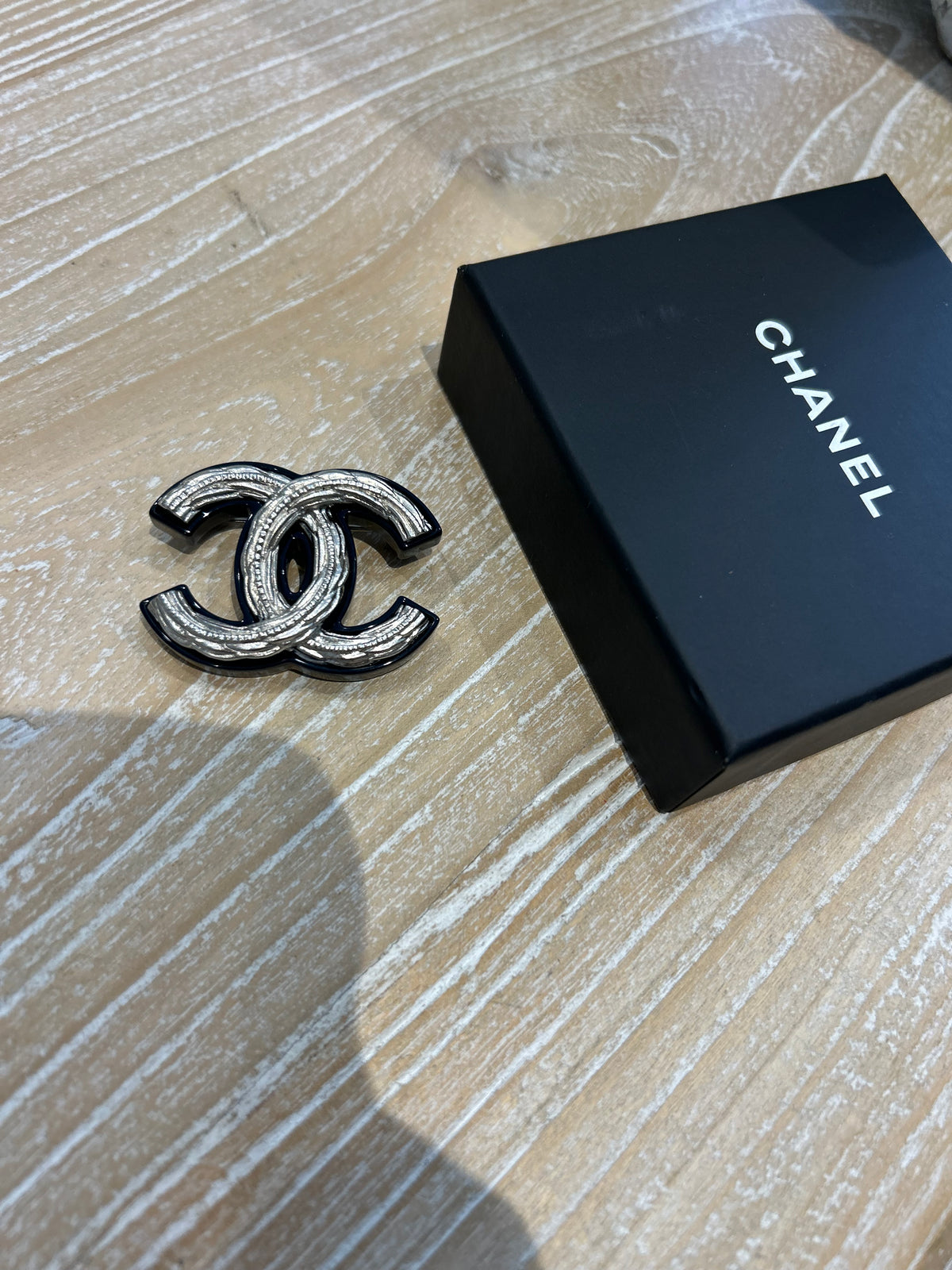 Chanel Silver and Navy Resin CC Brooch