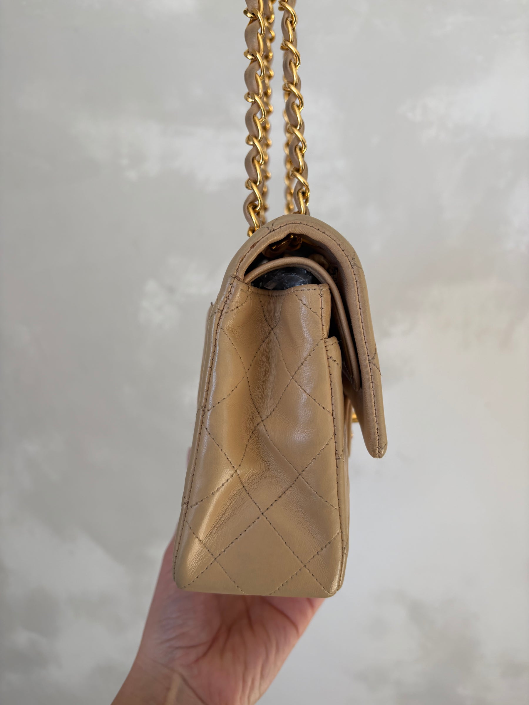 Chanel Small Classic Flap in Beige Lambskin Leather