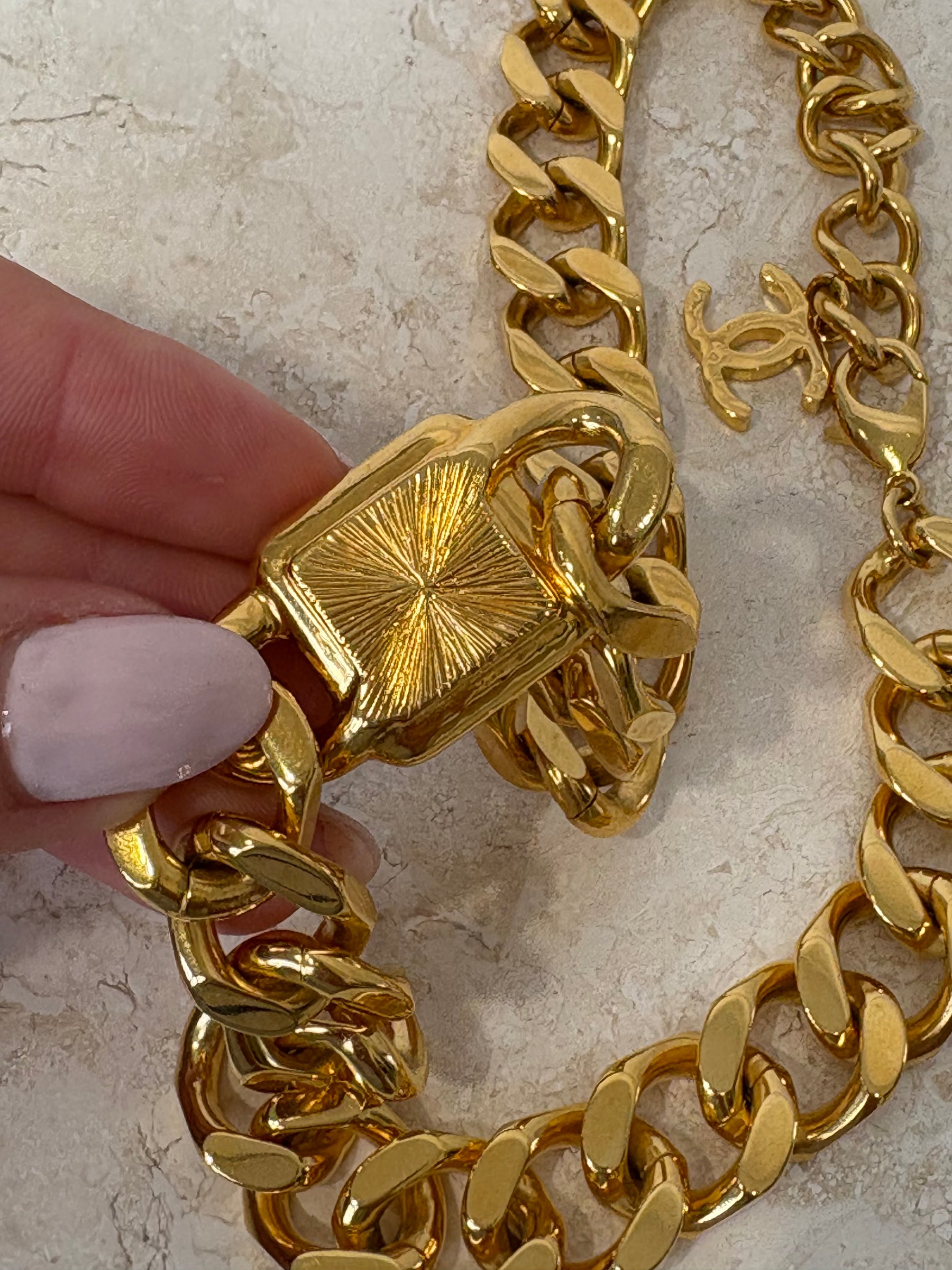 Chanel Gold Tone and Pearl Logo Chain Choker