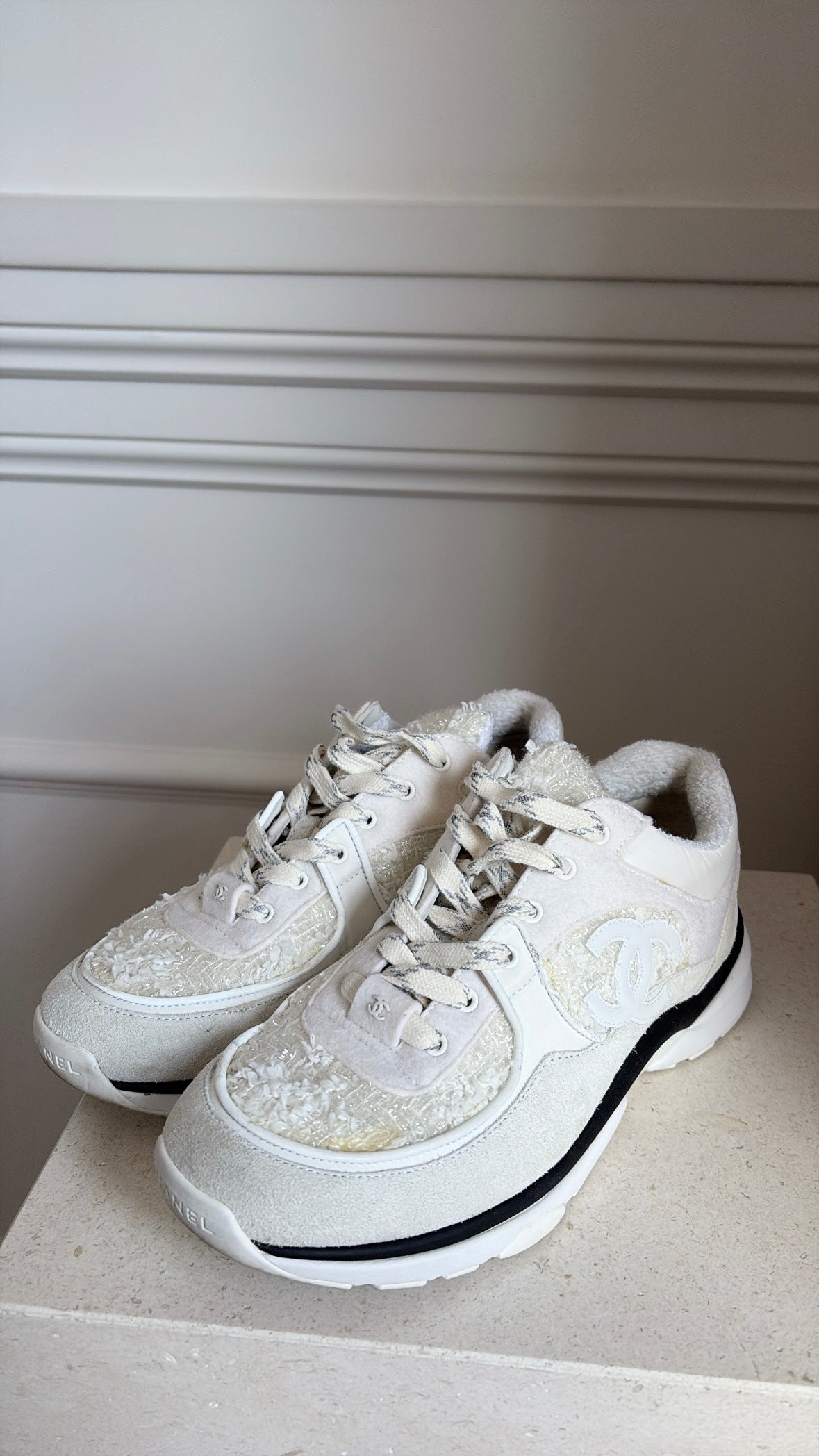 Chanel White Suede and Tweed Logo Sneakers, 38.5