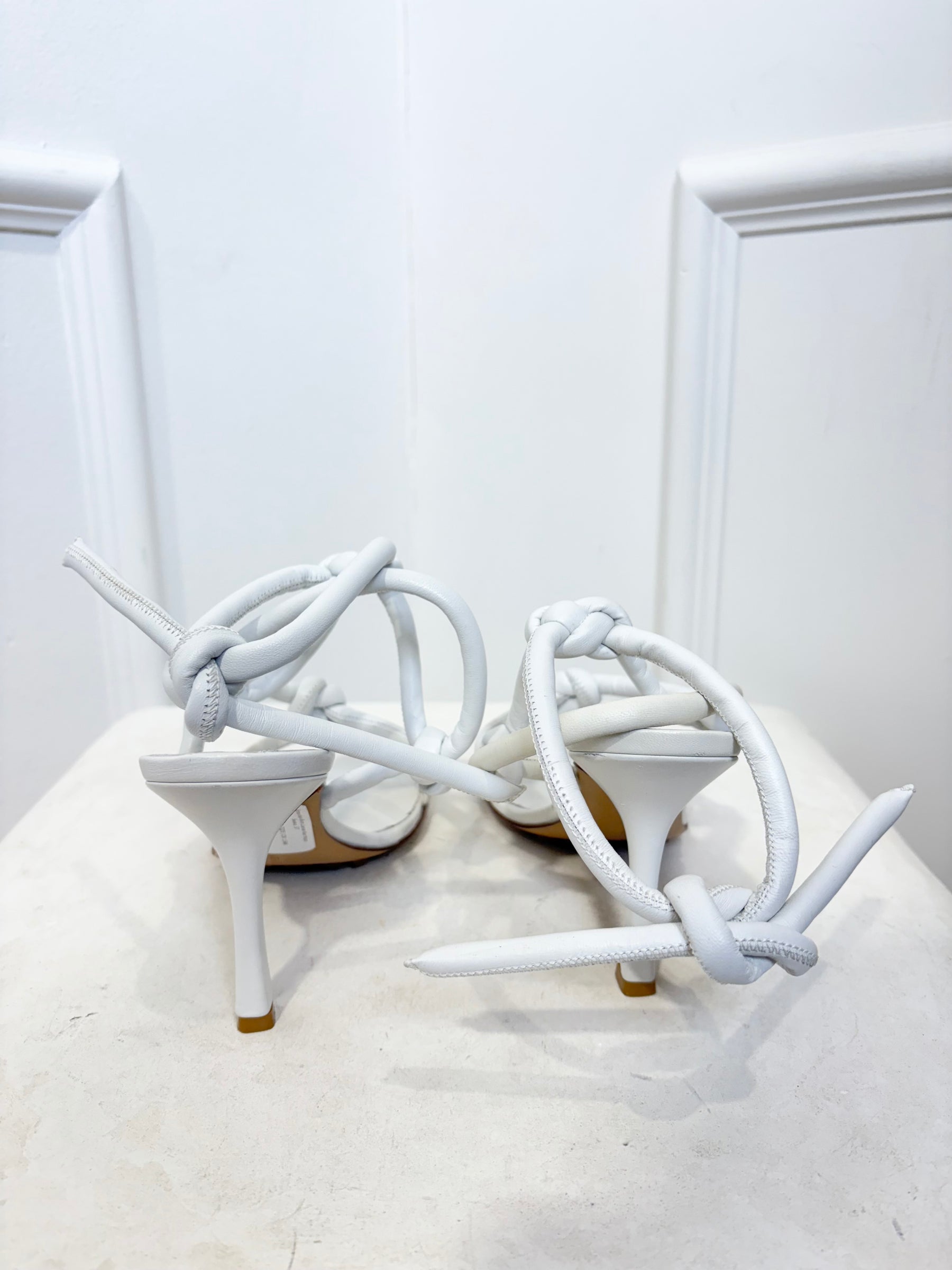 Bottega Veneta White Leather Knot Heeled Sandals, 37