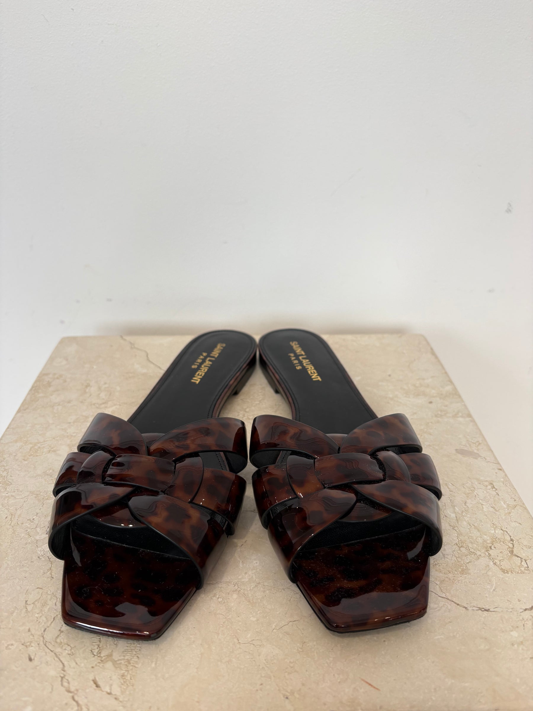 YSL Tribute Slip-On Sandals In Tortoise Shell, 38.5