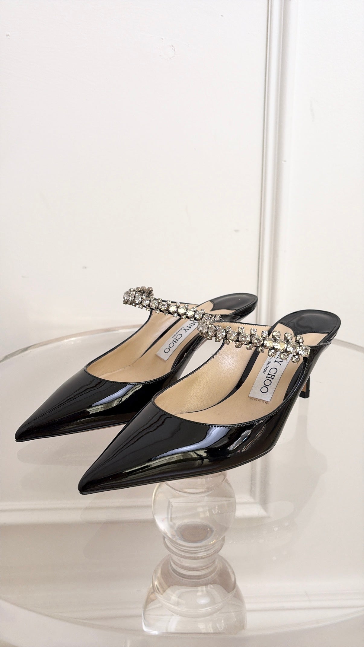 Jimmy Choo Black Patent Leather and Crystal Bing Mules, 36