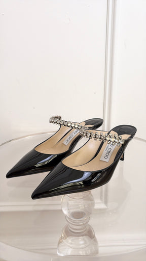 Jimmy Choo Black Patent Leather and Crystal Bing Mules, 36