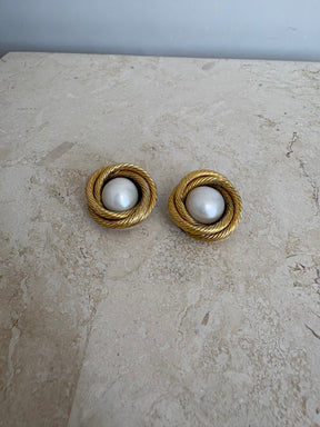 Chanel Textured Twisted Gold Tone and Pearl Clip On Earrings