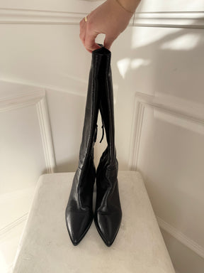 Miu Miu Black Crinkle Leather Pointed Knee High Boots, 37.5