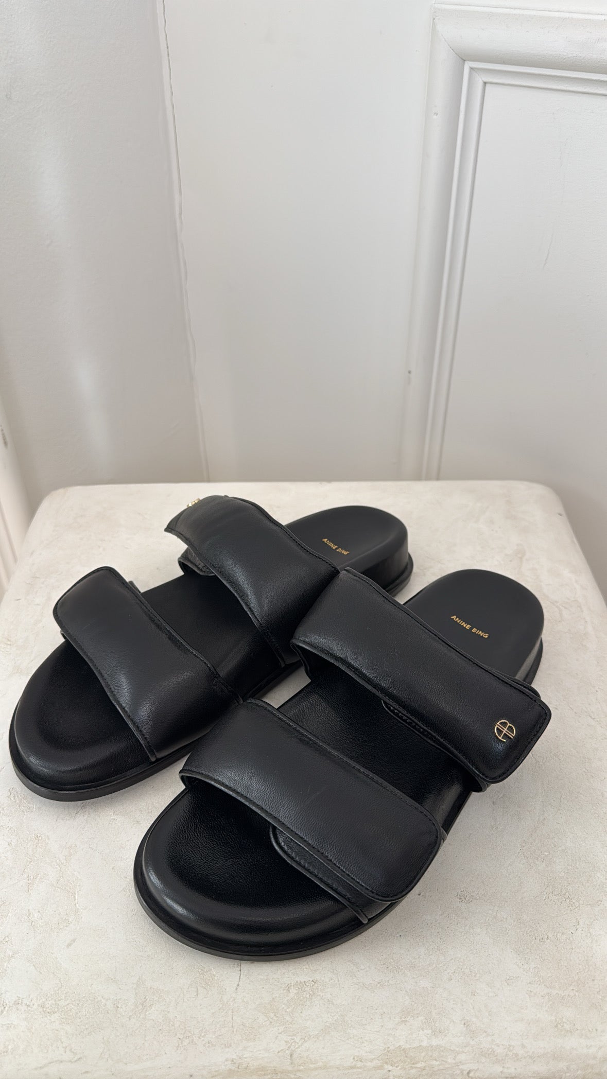 Anine Bing Black Puffy Slides, 39