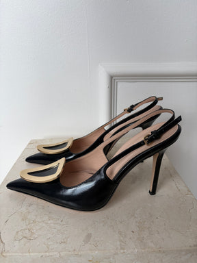 Scanlan Theodore Black Leather Pointed buckle Slingback Pumps, 38