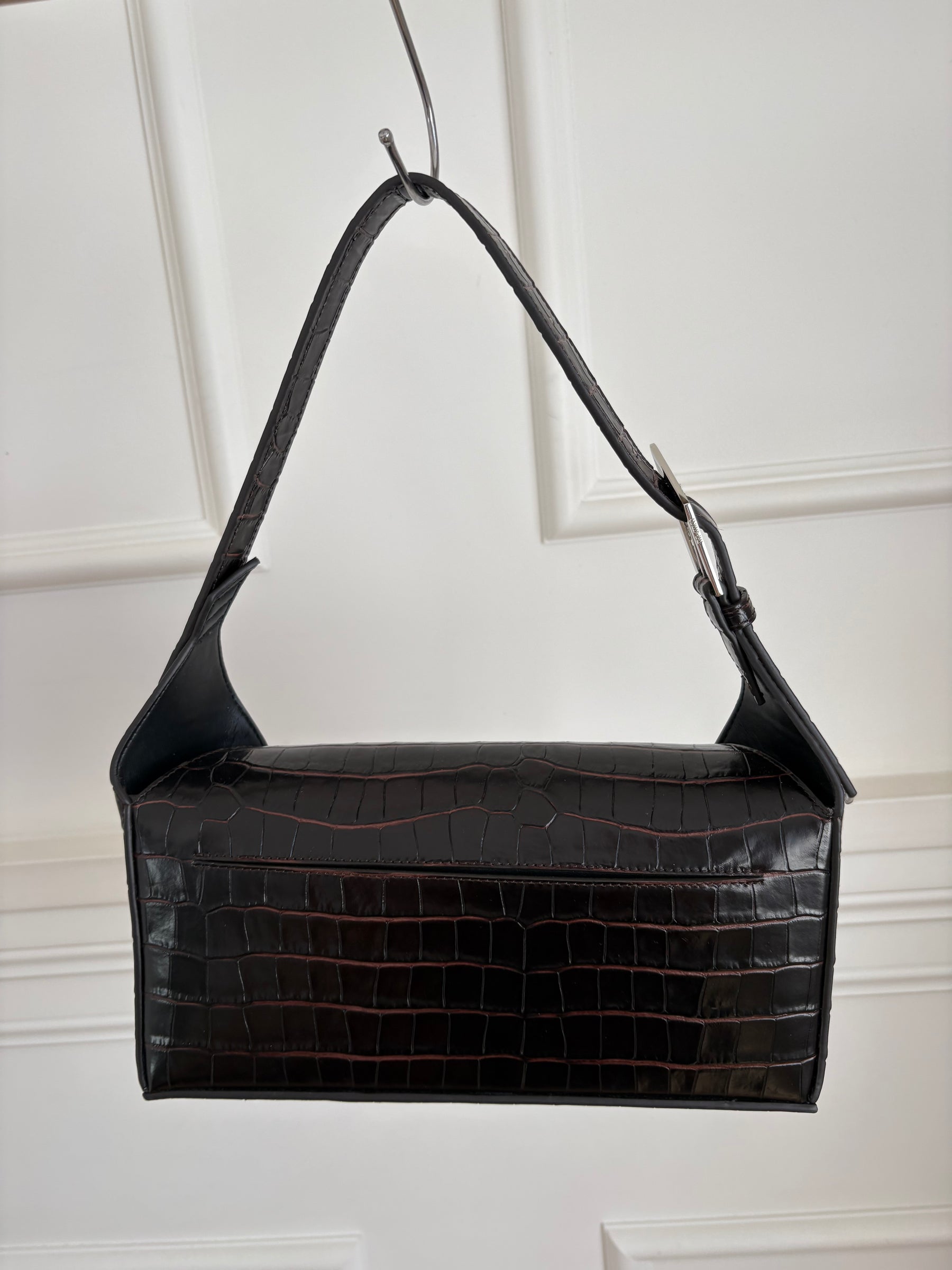THE ATTICO Dark Brown Croc Embossed 7/7 Shoulder Bag