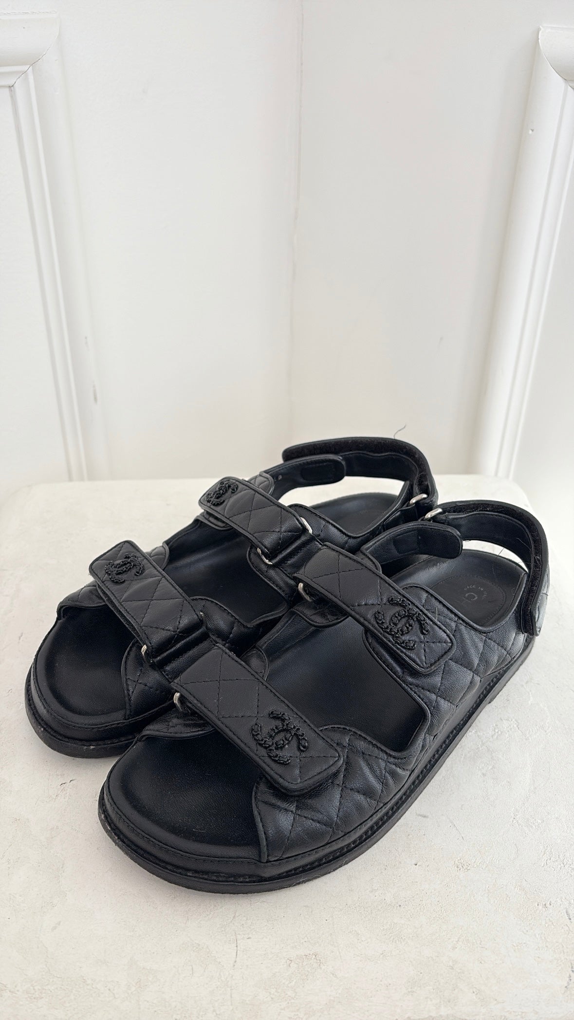Chanel Black on Black Quilted Leather Dad Sandals, 39C