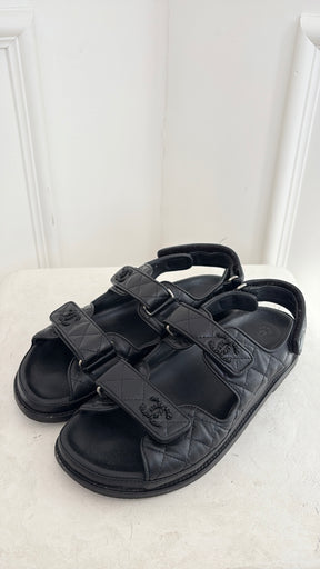 Chanel Black on Black Quilted Leather Dad Sandals, 39C