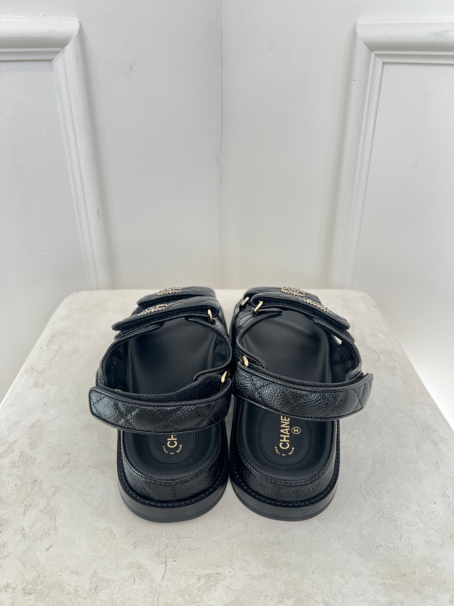 Chanel Black Quilted Leather Dad Sandals, 39C