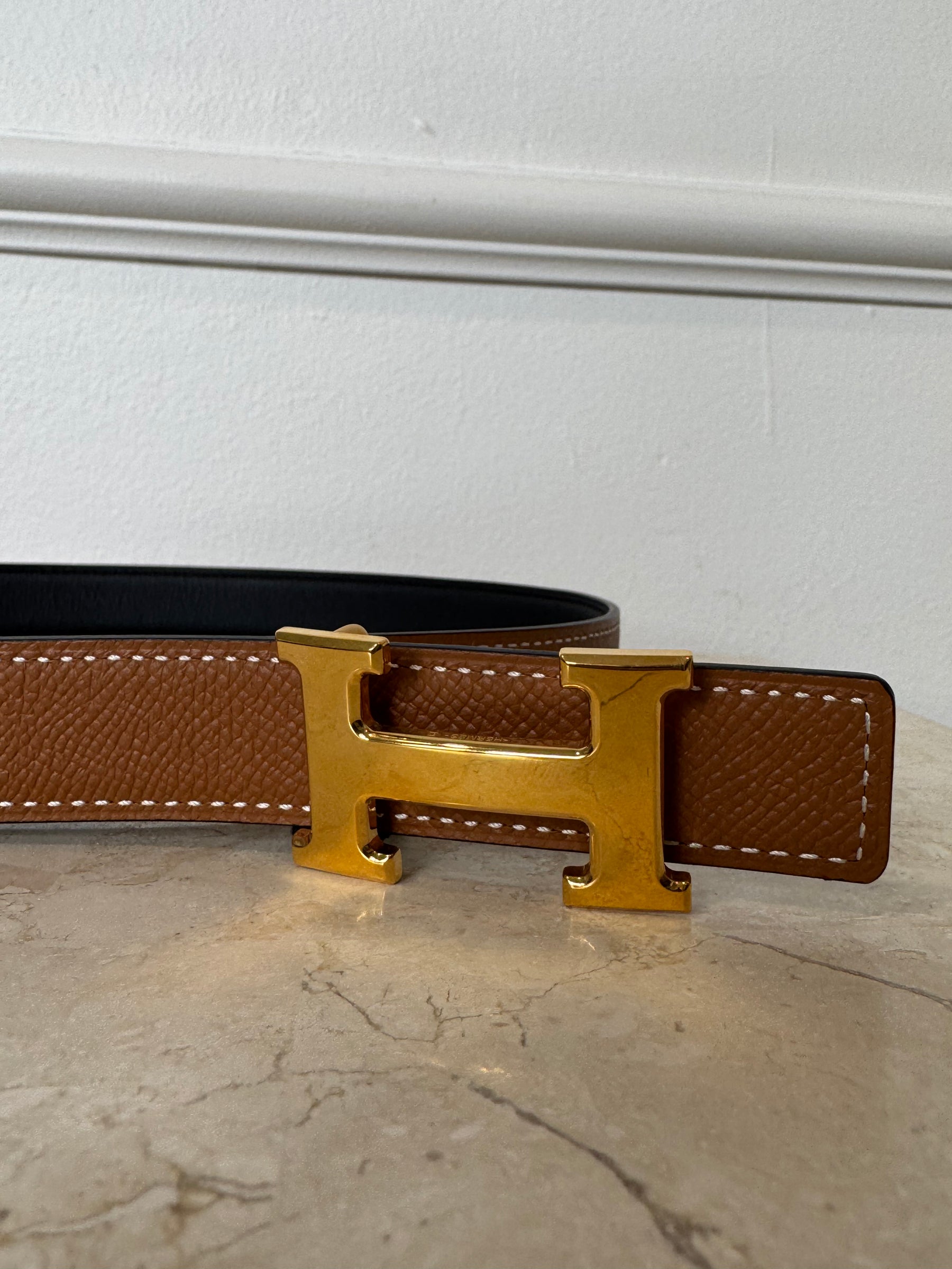 Hermes Reversible Belt Black Tan Gold H, 75