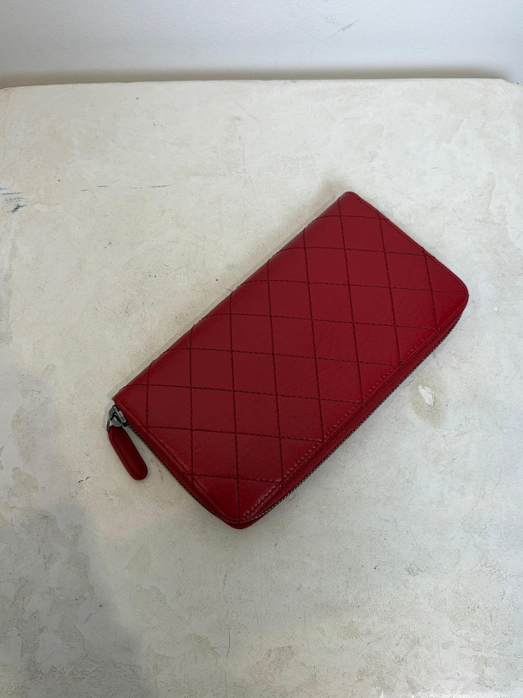 Chanel Red Quilted Leather Zip Around Reissue Wallet