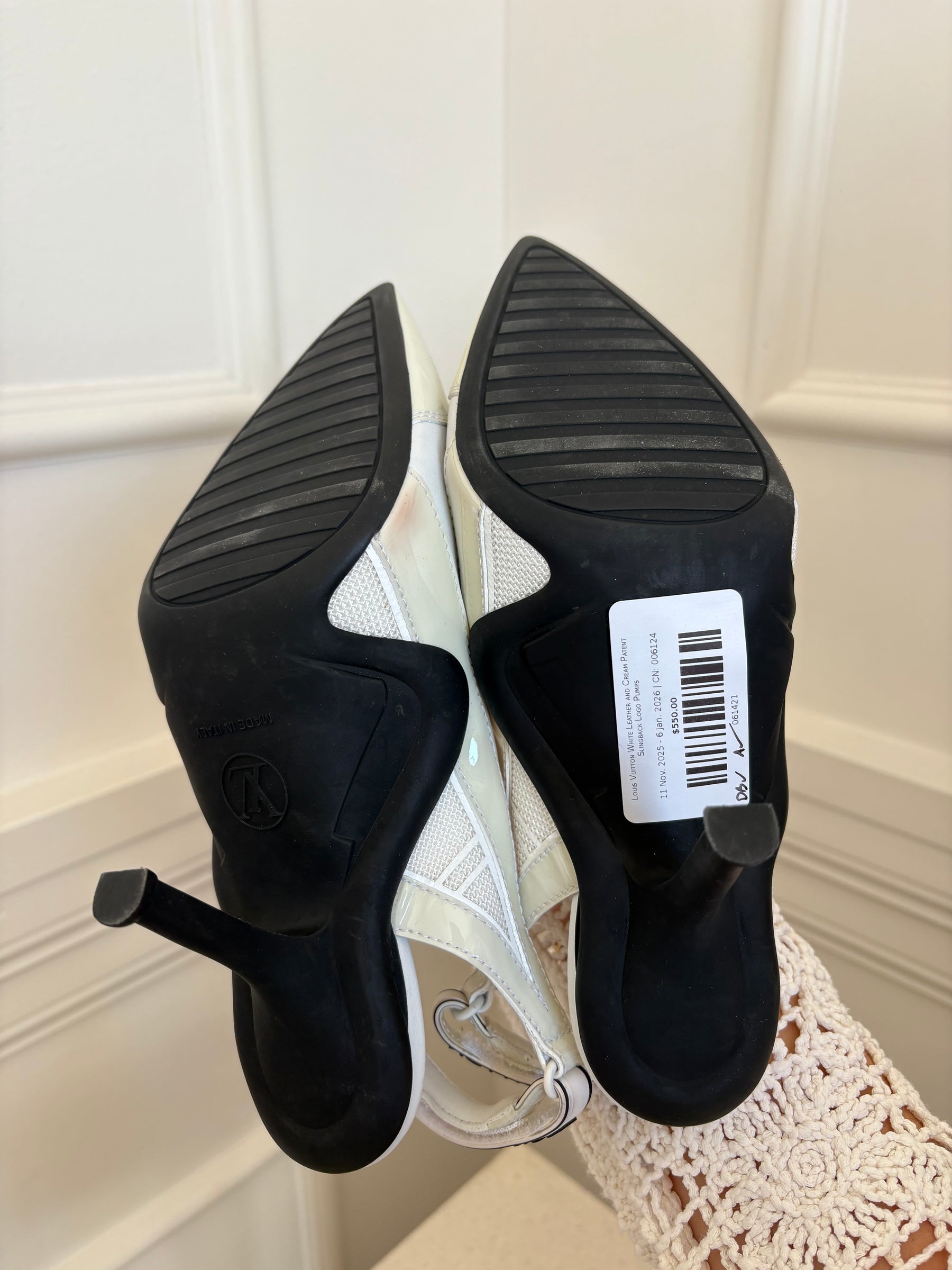 Louis Vuitton White Leather and Cream Patent Slingback Logo Pumps