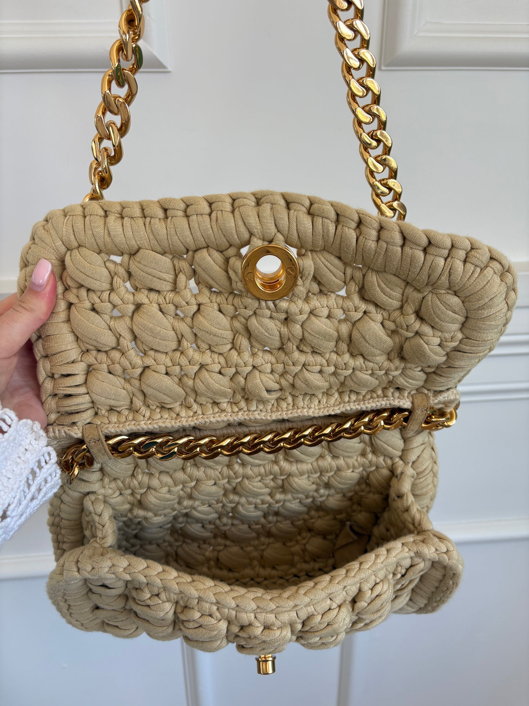 Bottega Veneta Beige Jersey Crochet Chain Bag