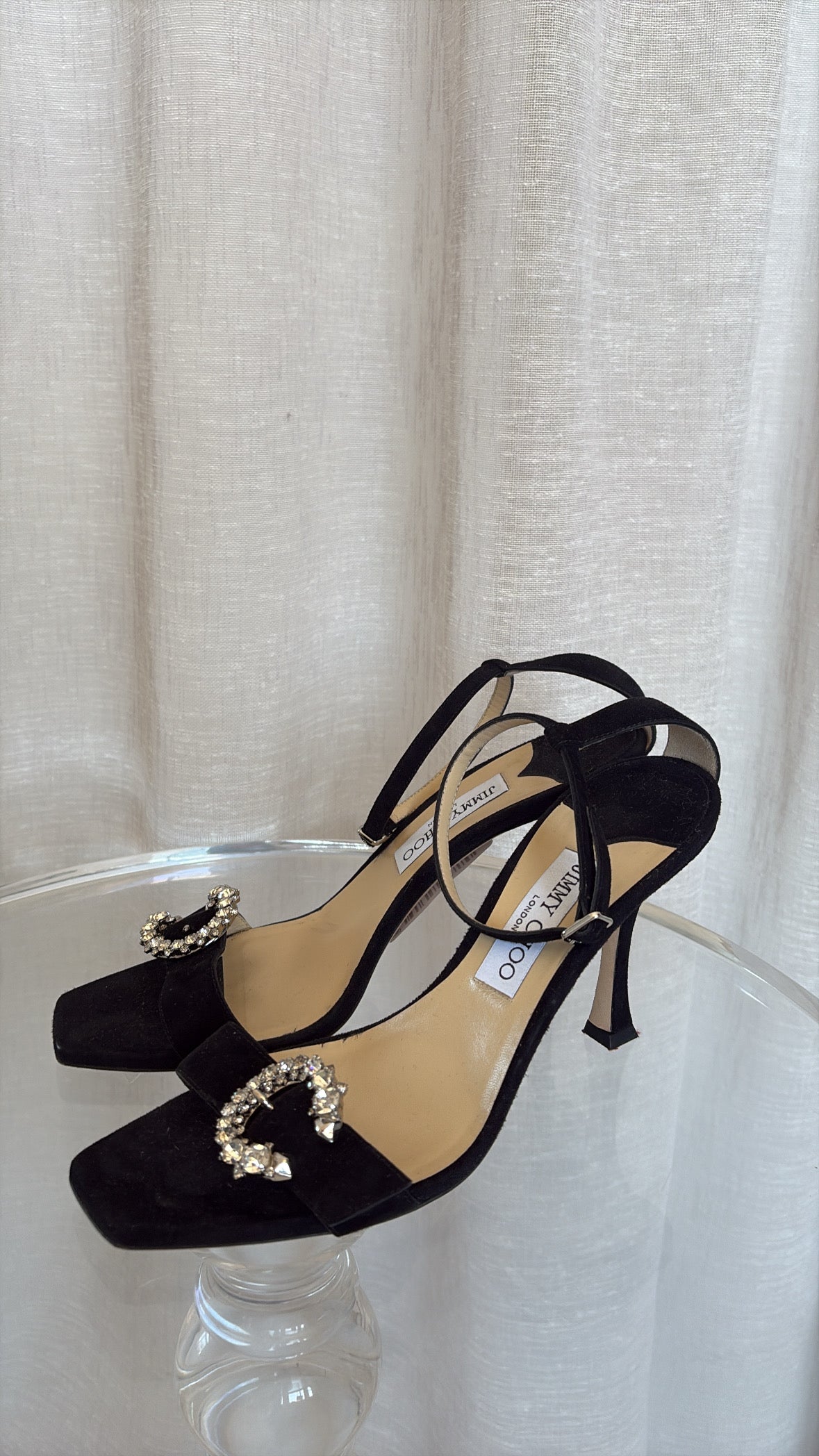 Jimmy Choo Black Suede Crystal Buckle Strappy Heel, 40