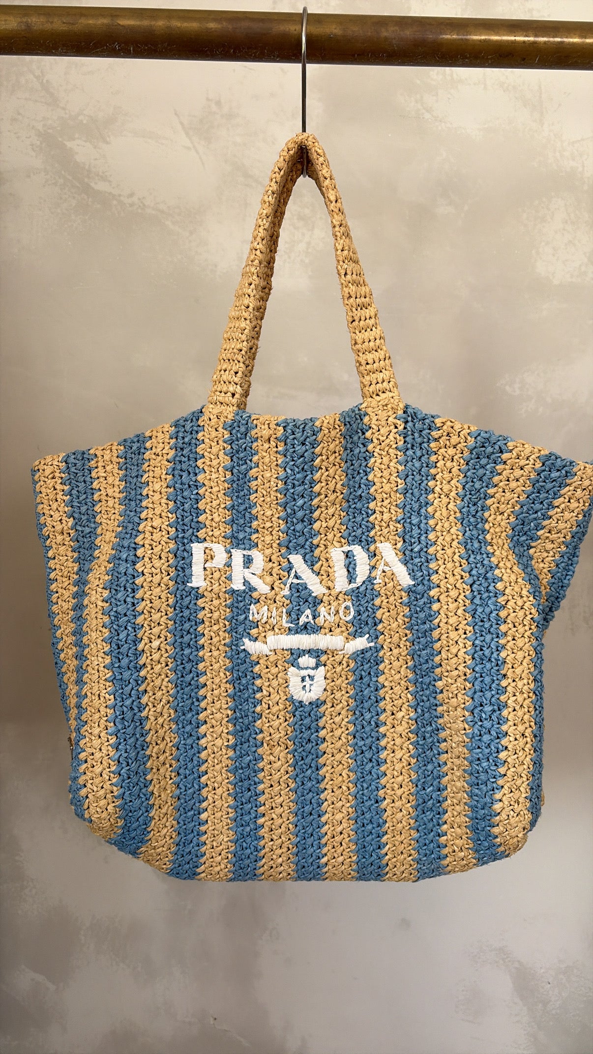 Prada Natural and Blue Raffia Logo Tote