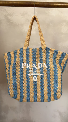 Prada Natural and Blue Raffia Logo Tote